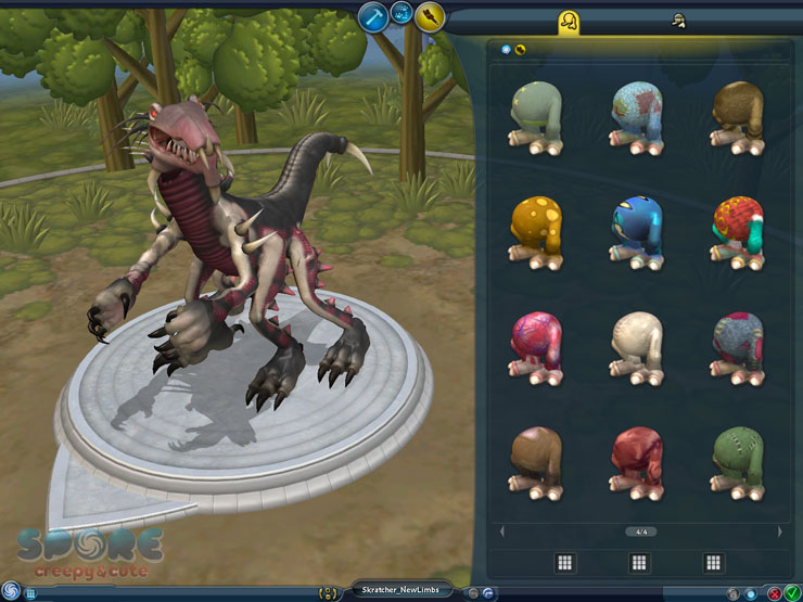 A screenshot of Spore's Creature Creator. On the left side of the screenshot is the creature, a bony quadropedal creature with two arms, a spiked tail, and red eyes. The right side of the screenshot is the painting menu, containing color palates for coloring a creature.